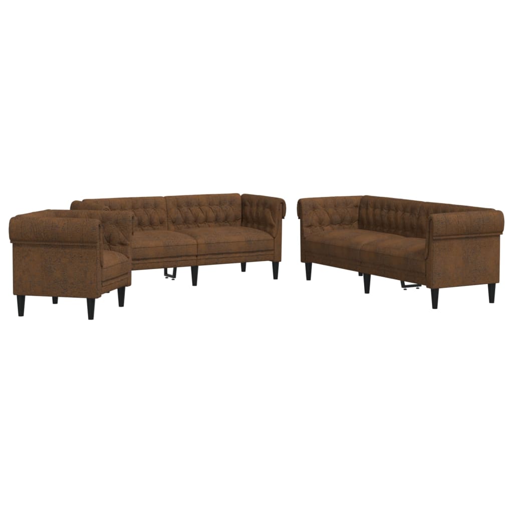 3 Piece Sofa Set Brown Fabric