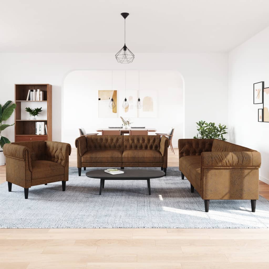 3 Piece Sofa Set Brown Fabric