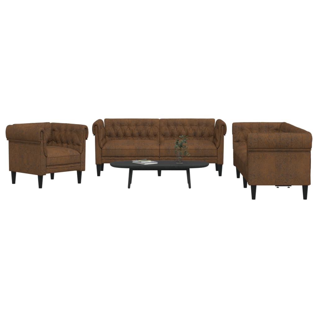 3 Piece Sofa Set Brown Fabric