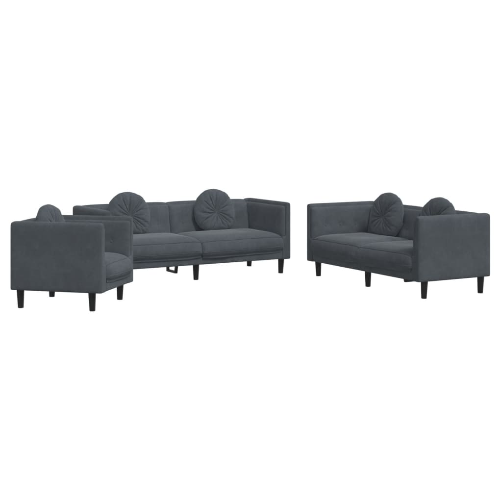 3 Piece Sofa Set with Pillows Dark Gray Velvet