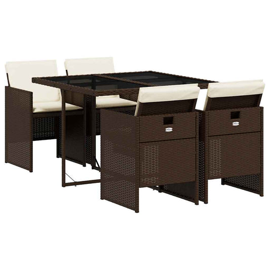 5 Piece Garden Dining Set with Cushions Brown Poly Rattan