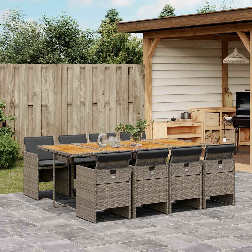 9 Piece Garden Dining Set with Cushions Grey Poly Rattan