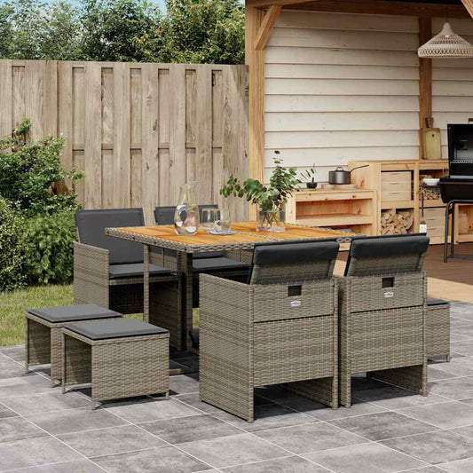 9 Piece Garden Dining Set with Cushions Grey Poly Rattan
