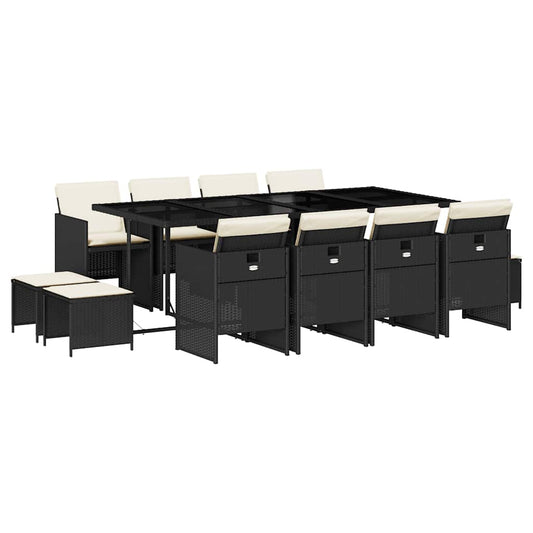 13 Piece Garden Dining Set with Cushions Black Poly Rattan