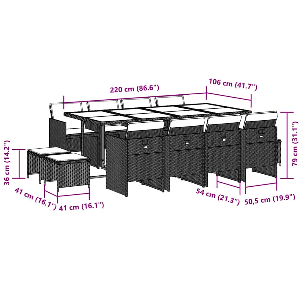 Garden Dining Set Black PE Rattan Large Foldable