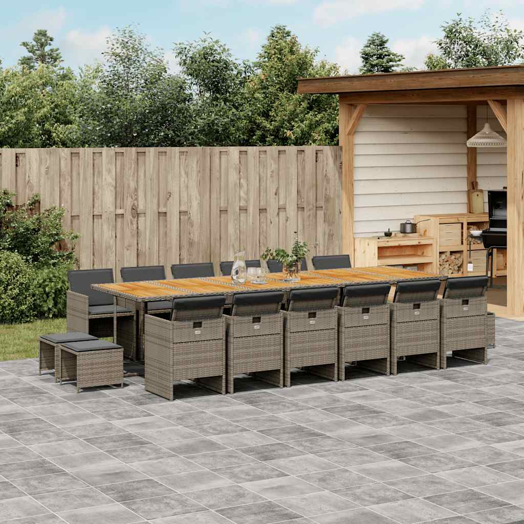 17 Piece Garden Dining Set with Cushions Grey Poly Rattan
