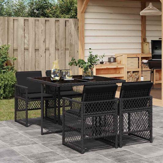 5 Piece Garden Dining Set with Cushions Black Poly Rattan