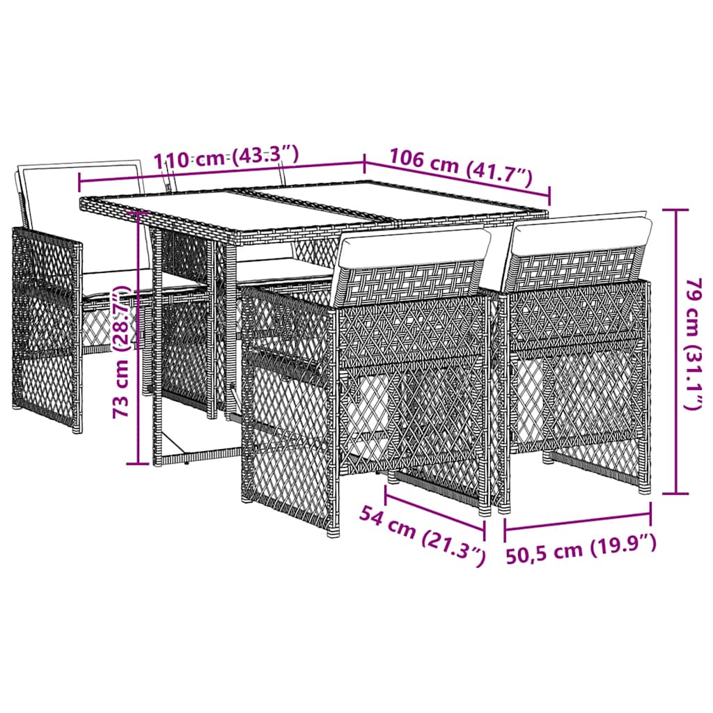 5 Piece Garden Dining Set with Cushions Brown Poly Rattan