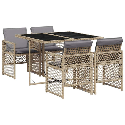 5 Piece Garden Dining Set with Cushions Beige Poly Rattan