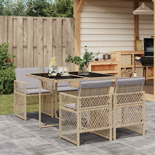 5 Piece Garden Dining Set with Cushions Beige Poly Rattan