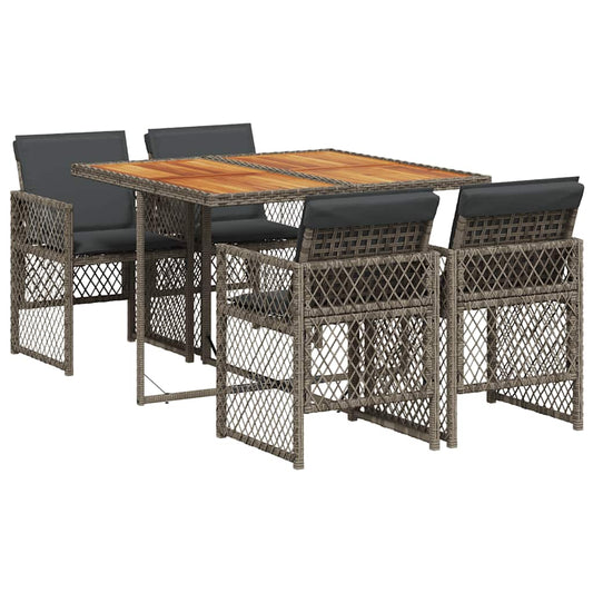 5 Piece Garden Dining Set with Cushions Grey Poly Rattan