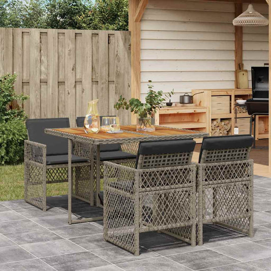 5 Piece Garden Dining Set with Cushions Grey Poly Rattan
