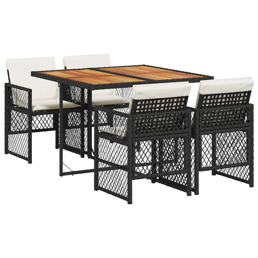 5 Piece Garden Dining Set with Cushions Black Poly Rattan