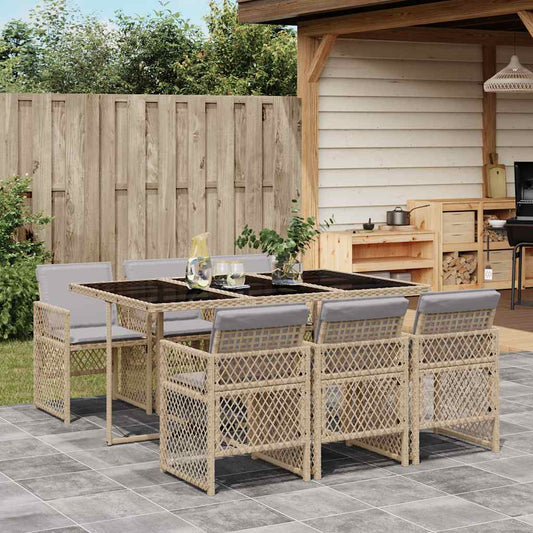 7 Piece Garden Dining Set with Cushions Beige Poly Rattan
