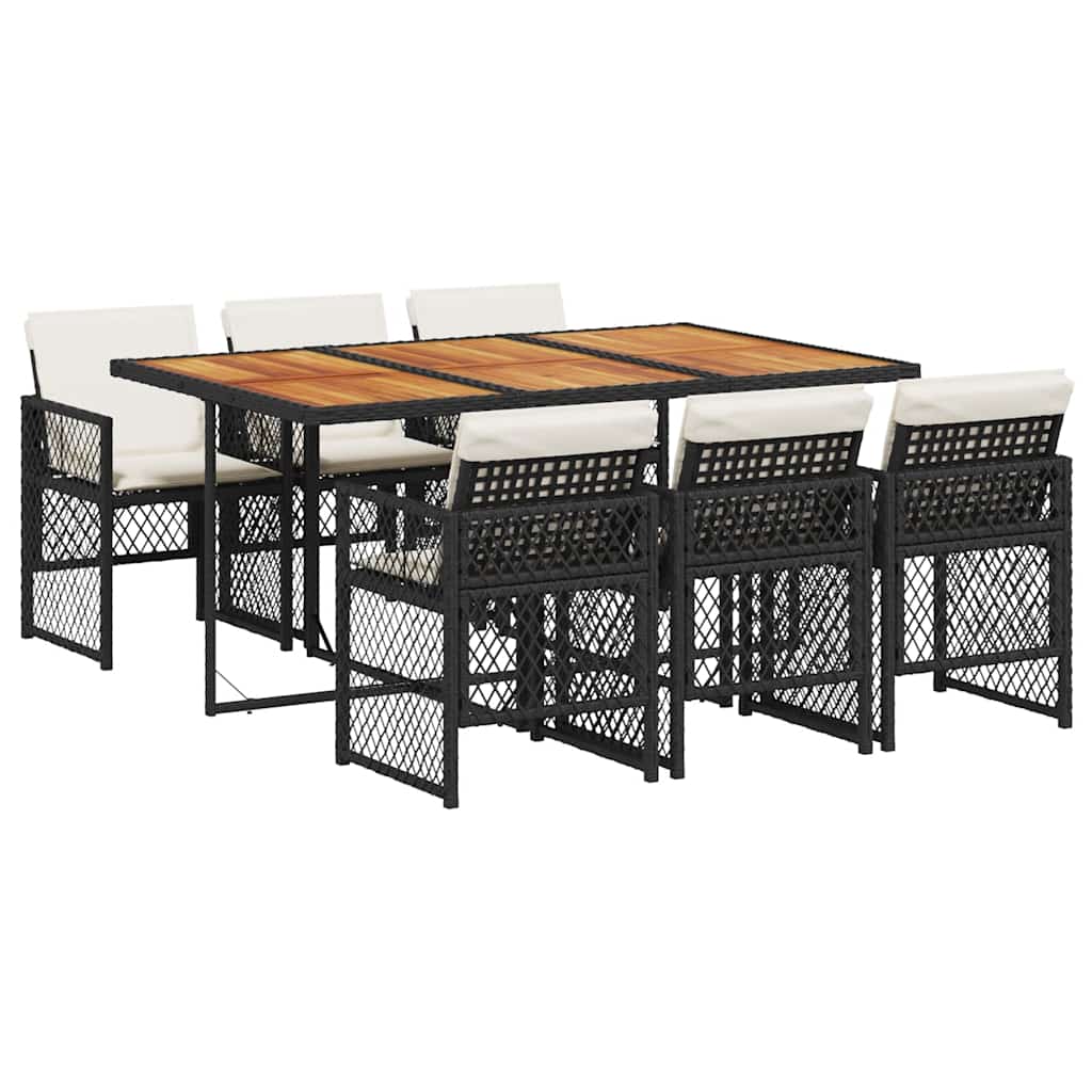 Garden Dining Set Black, Cream White PE Rattan, Steel, Acacia Wood