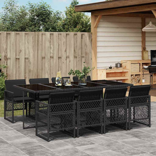 9 Piece Garden Dining Set with Cushions Black Poly Rattan