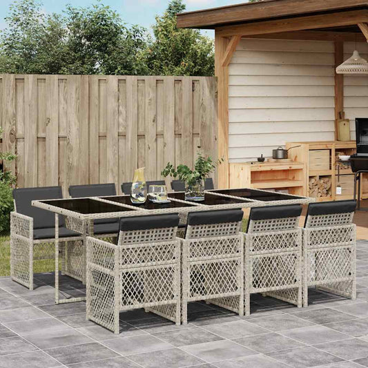 9 Piece Garden Dining Set with Cushions Light Grey Poly Rattan