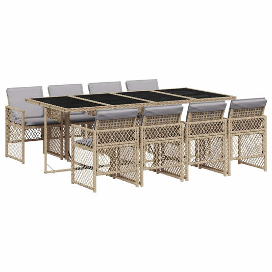 9 Piece Garden Dining Set with Cushions Beige Poly Rattan