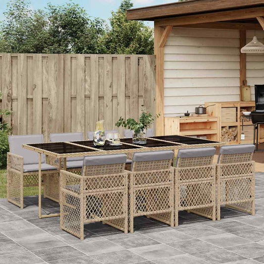 9 Piece Garden Dining Set with Cushions Beige Poly Rattan