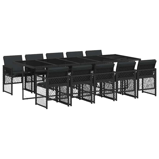 11 Piece Garden Dining Set with Cushions Black Poly Rattan