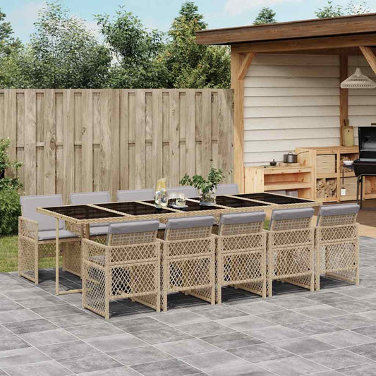 11 Piece Garden Dining Set with Cushions Beige Poly Rattan