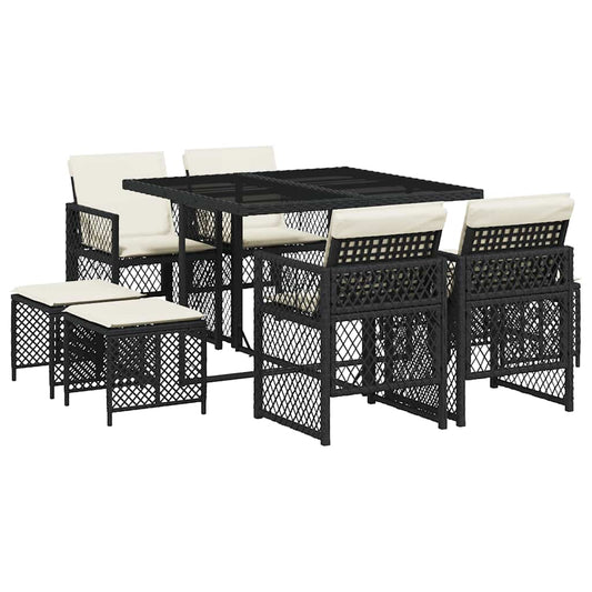 9 Piece Garden Dining Set with Cushions Black Poly Rattan