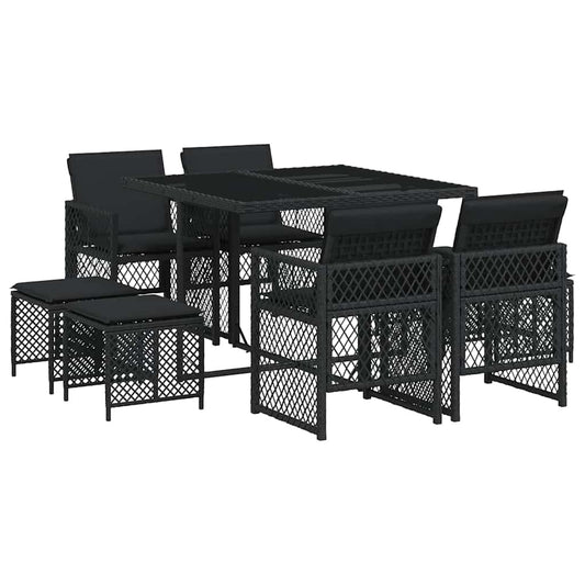 9 Piece Garden Dining Set with Cushions Black Poly Rattan