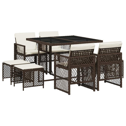 9 Piece Garden Dining Set with Cushions Brown Poly Rattan