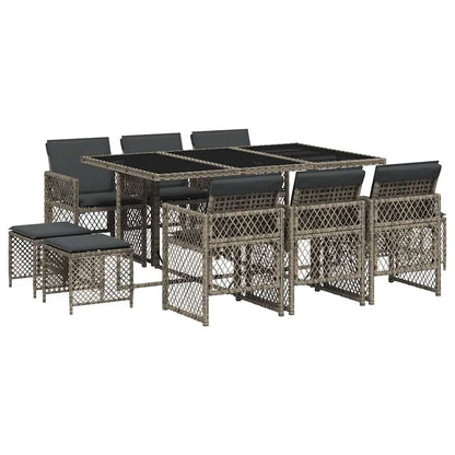 11 Piece Garden Dining Set with Cushions Grey Poly Rattan