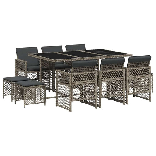 11 Piece Garden Dining Set with Cushions Grey Poly Rattan