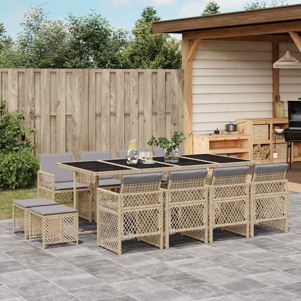 13 Piece Garden Dining Set with Cushions Beige Poly Rattan