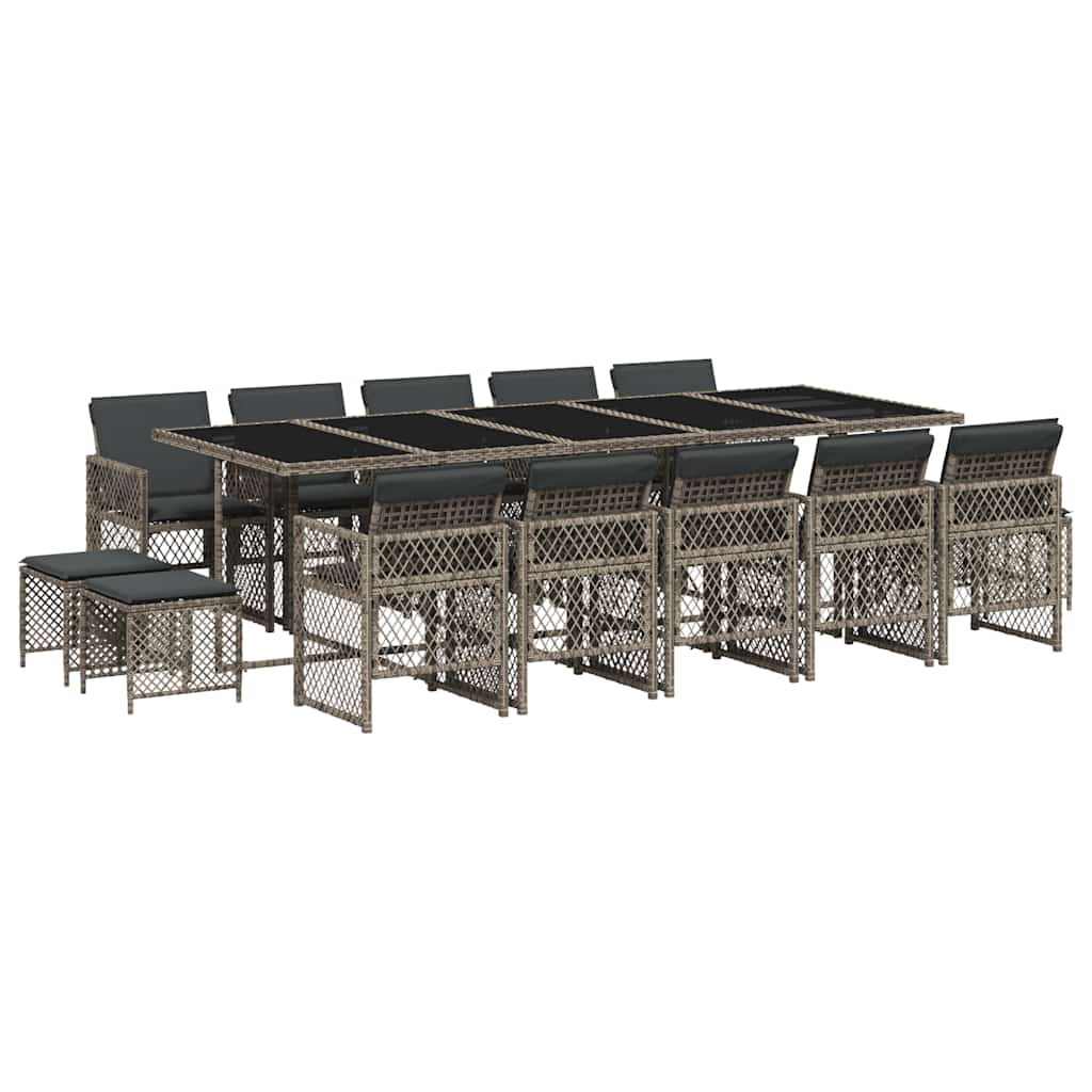 15 Piece Garden Dining Set with Cushions Grey Poly Rattan