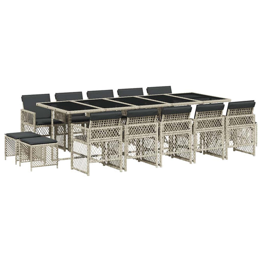 15 Piece Garden Dining Set with Cushions Light Grey Poly Rattan