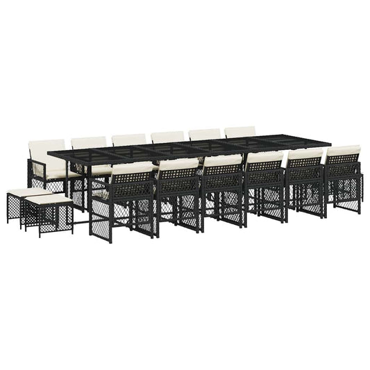 17 Piece Garden Dining Set with Cushions Black Poly Rattan