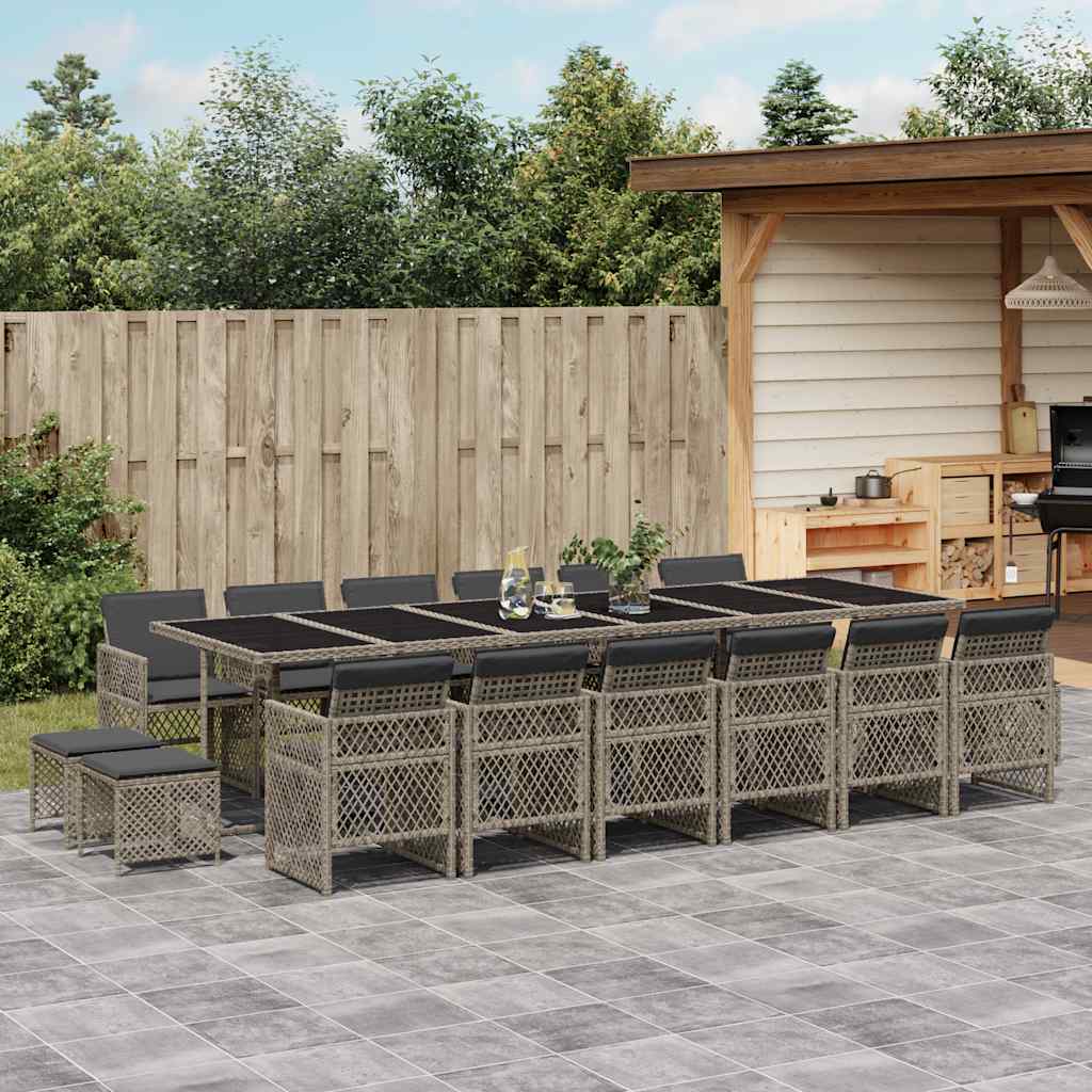 17 Piece Garden Dining Set with Cushions Grey Poly Rattan
