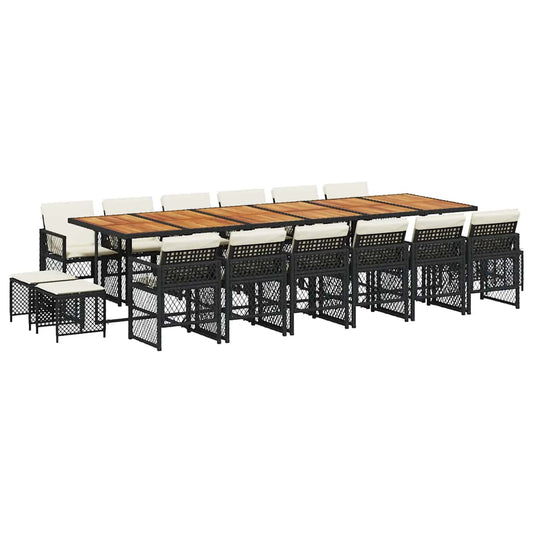 17 Piece Garden Dining Set with Cushions Black Poly Rattan