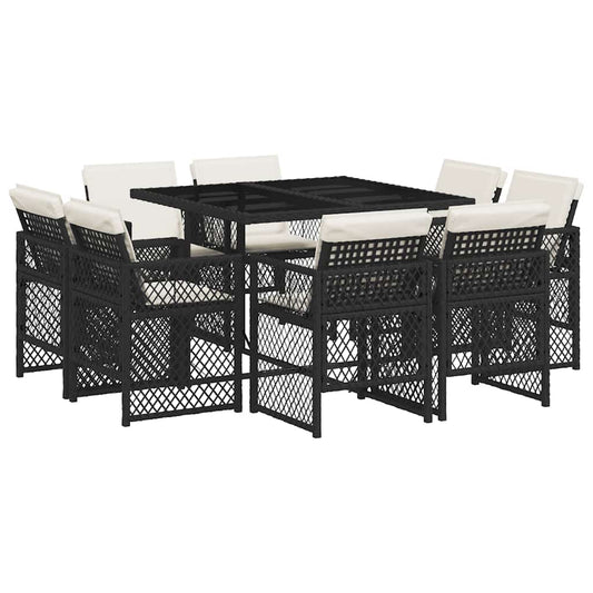 9 Piece Garden Dining Set with Cushions Black Poly Rattan
