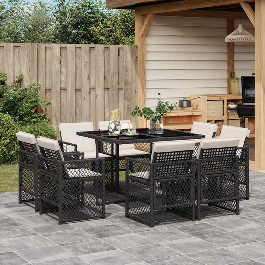 9 Piece Garden Dining Set with Cushions Black Poly Rattan