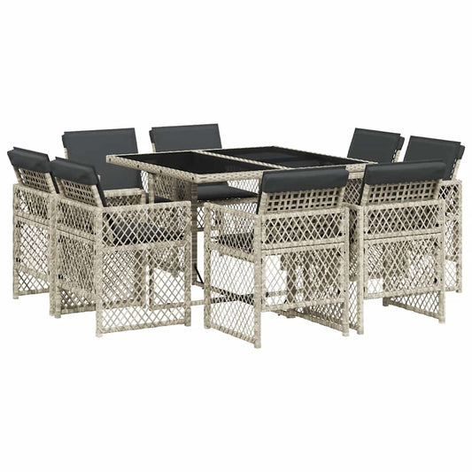 9 Piece Garden Dining Set with Cushions Light Grey Poly Rattan