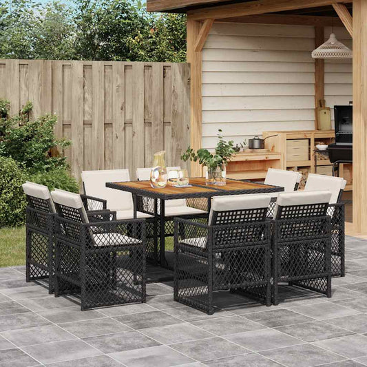 9 Piece Garden Dining Set with Cushions Black Poly Rattan