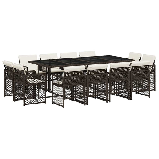 13 Piece Garden Dining Set with Cushions Brown Poly Rattan