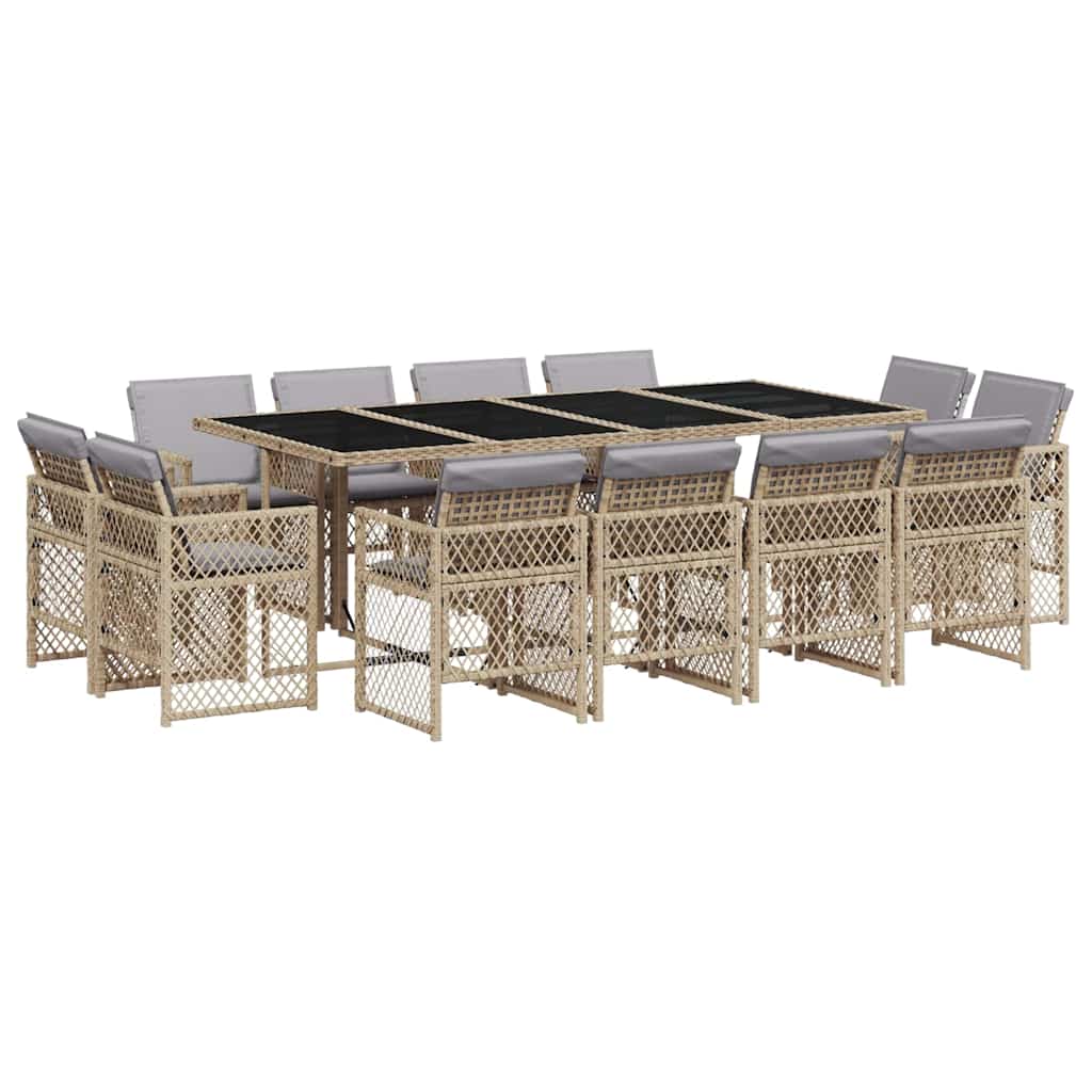 13 Piece Garden Dining Set with Cushions Mix Beige Poly Rattan