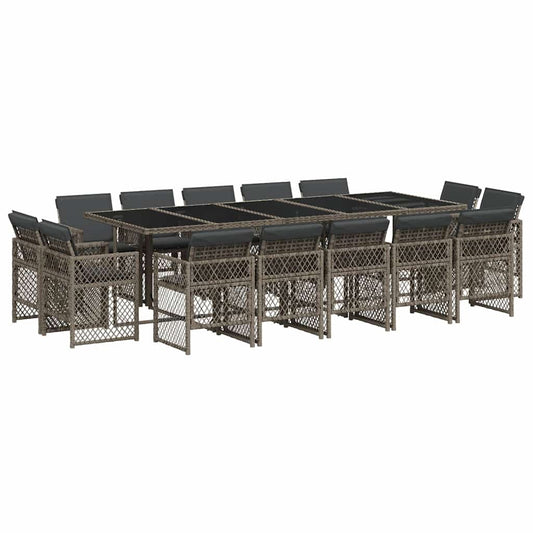 15 Piece Garden Dining Set with Cushions Grey Poly Rattan