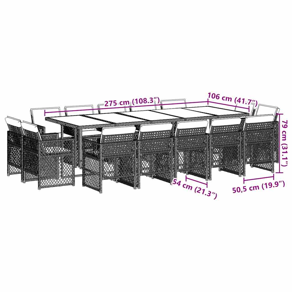 15 Piece Garden Dining Set with Cushions Grey Poly Rattan