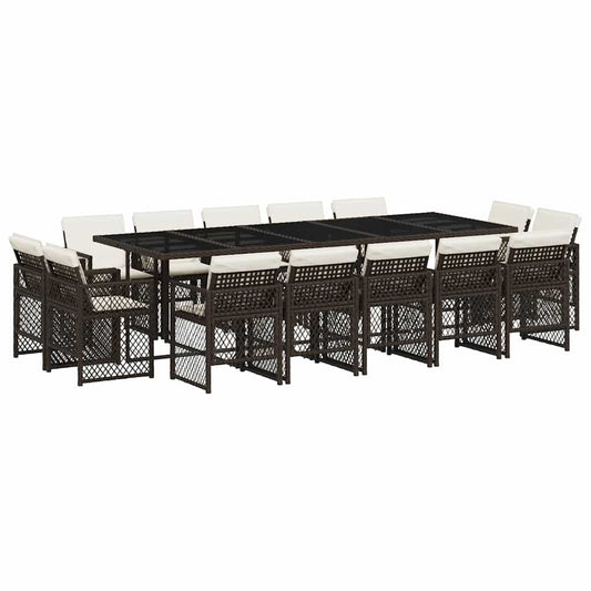 15 Piece Garden Dining Set with Cushions Brown Poly Rattan