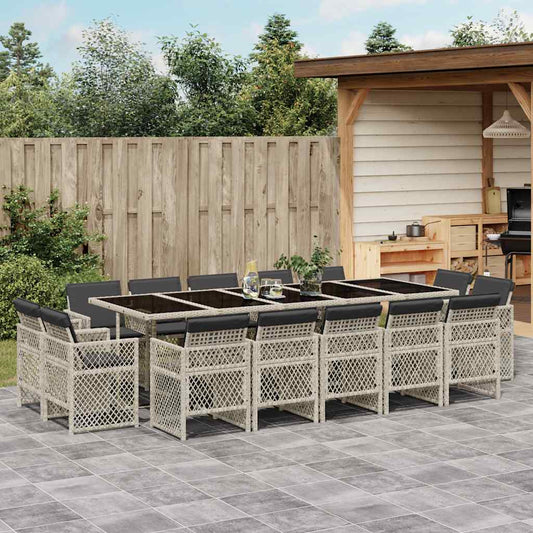15 Piece Garden Dining Set with Cushions Light Grey Poly Rattan