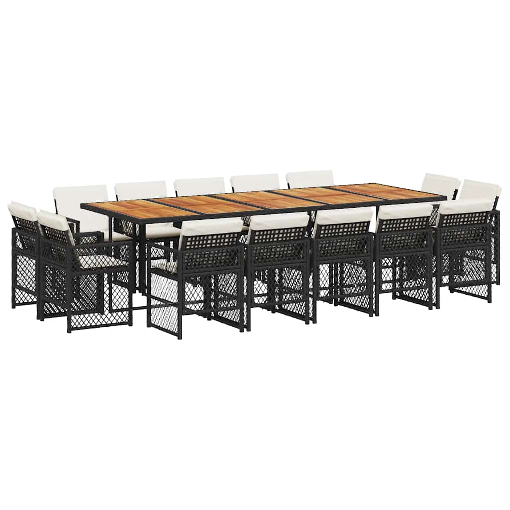 15 Piece Garden Dining Set with Cushions Black Poly Rattan