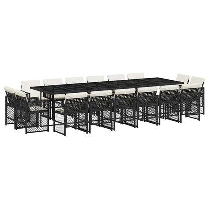 17 Piece Garden Dining Set with Cushions Black Poly Rattan