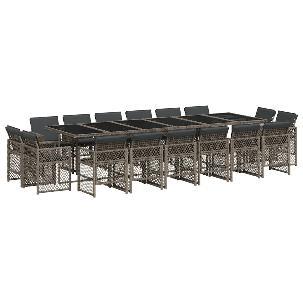 17 Piece Garden Dining Set with Cushions Grey Poly Rattan