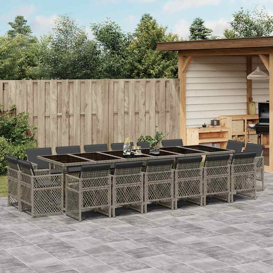 17 Piece Garden Dining Set with Cushions Grey Poly Rattan